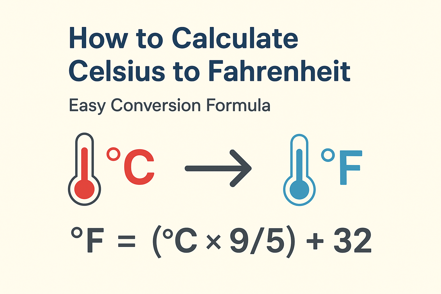 Illustration showing Celsius to Fahrenheit conversion formula with thermometers and easy example