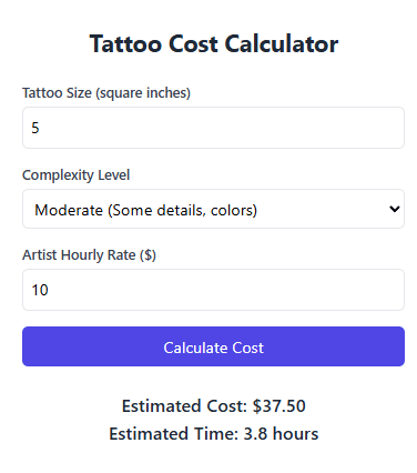 Use our free Tattoo Cost Calculator to estimate tattoo price and time based on size, complexity, and artist hourly rate. Find out how much does a tattoo cost instantly.