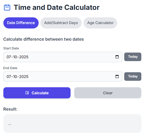 Calculate date differences easily with the Time and Date Calculator. Add or subtract days quickly for accurate results.